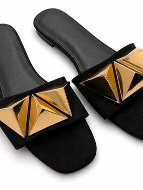 Black Slide Mules with Gold Pyramid Accents